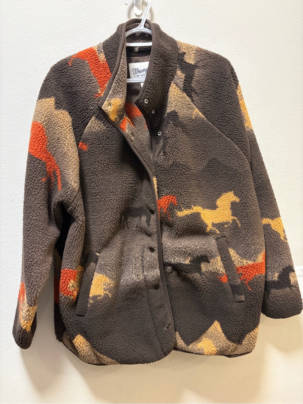 Wrangler Retro Running Wild Horses Sherpa Fleece Jacket Coat Brown Rust XL